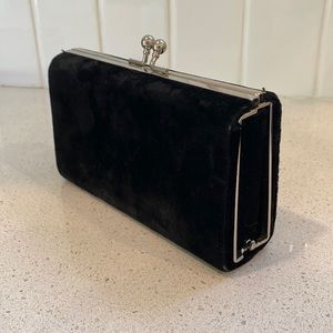 BCBGMAXAZRIA Mini Black Velvet Clutch with Silver Detailing and Attached Chain